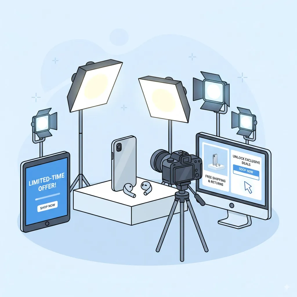 Product advertising setup featuring a smartphone, earphones, camera, and promotional screens