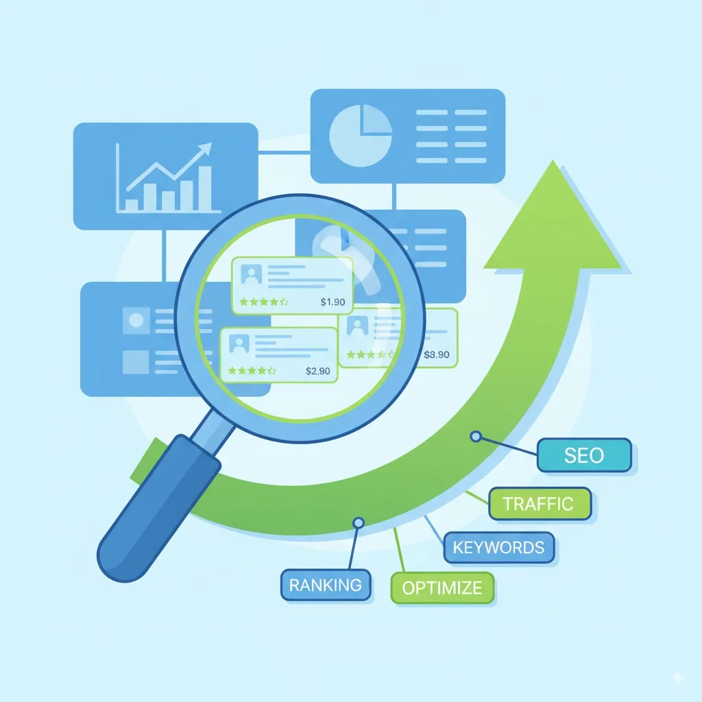SEO optimization graphic showing product listings, star ratings, pricing, keyword optimization, traffic, and search ranking