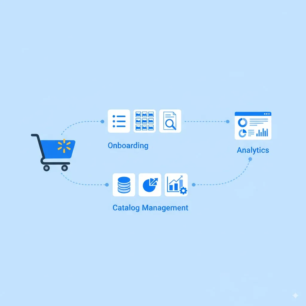Marketplace workflow graphic connecting Walmart onboarding, analytics, and catalog management