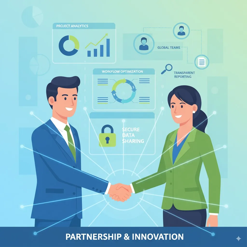 Animated handshake illustration with project analytics, global team collaboration, workflow optimization, and secure data sharing