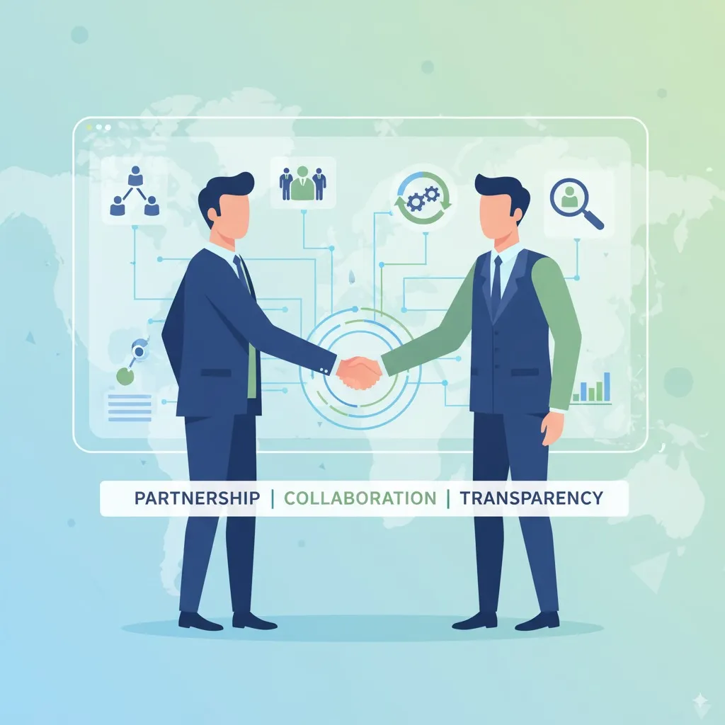 Animated handshake graphic representing partnership, collaboration, and transparency