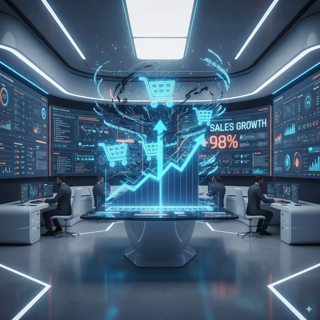 Futuristic sales analytics room displaying 98% sales growth, upward graphs, and shopping basket graphics